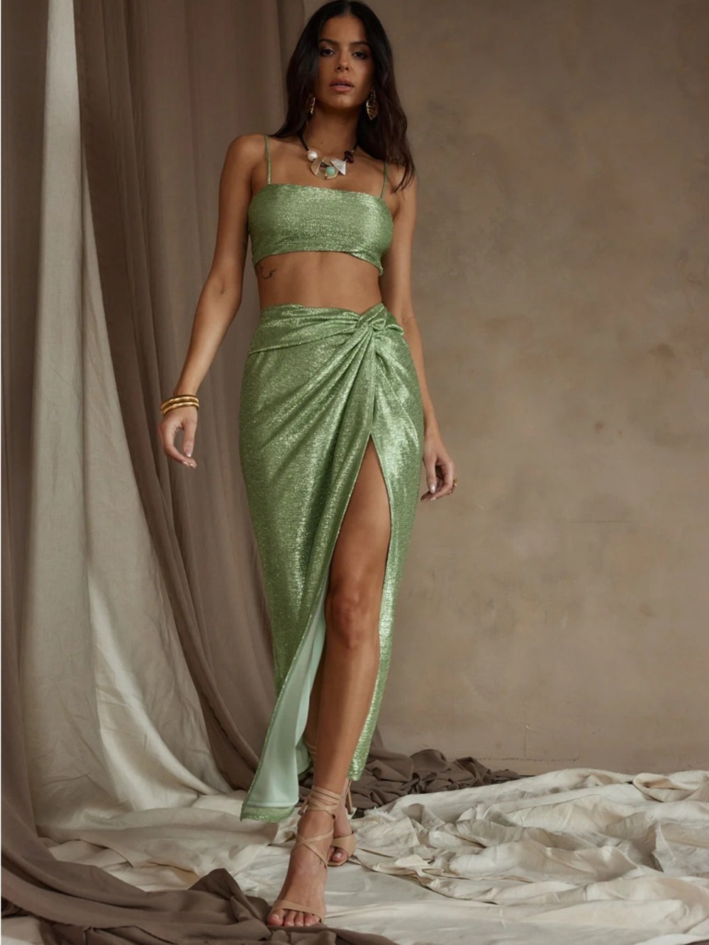 12th Tribe Toulouse Metallic Sage Maxi Skirt Set (size L top size M skirt)